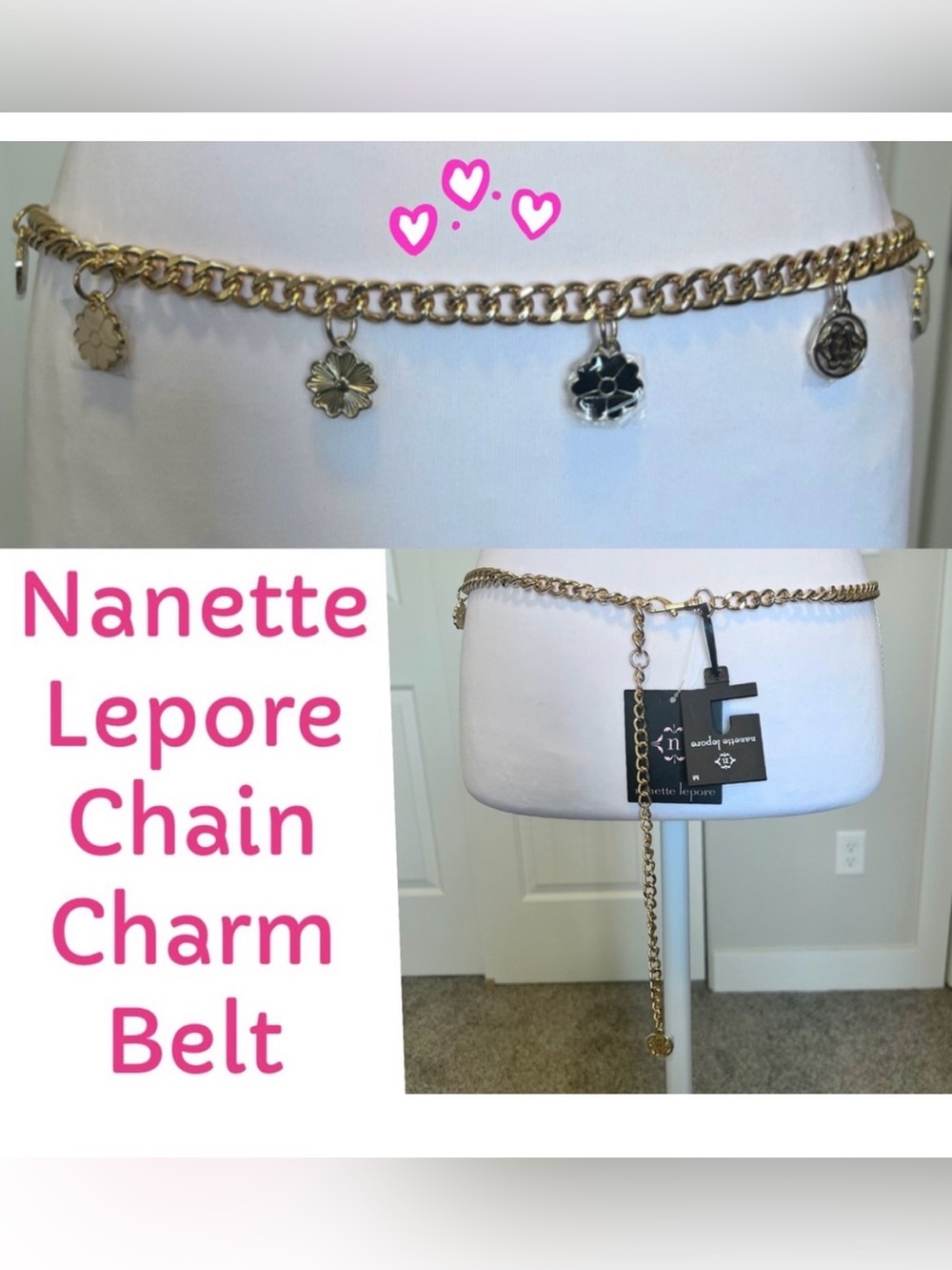 Nanette Lepore Gold tone Black Cream Flower Charm Chain Belt NWT